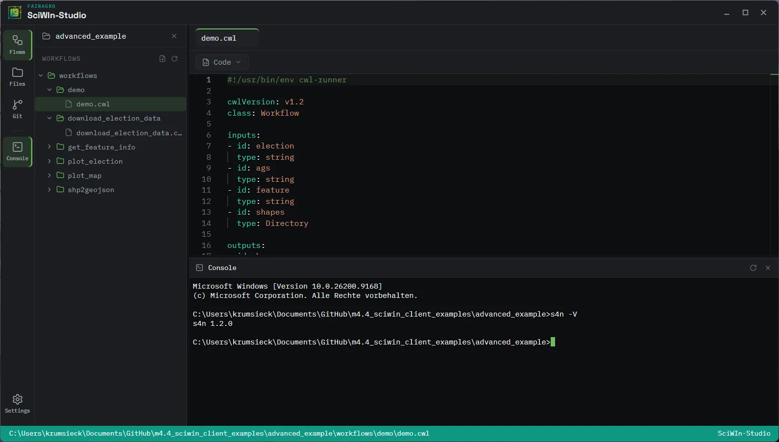 SciWIn-Studio's integrated terminal open alongside the code editor