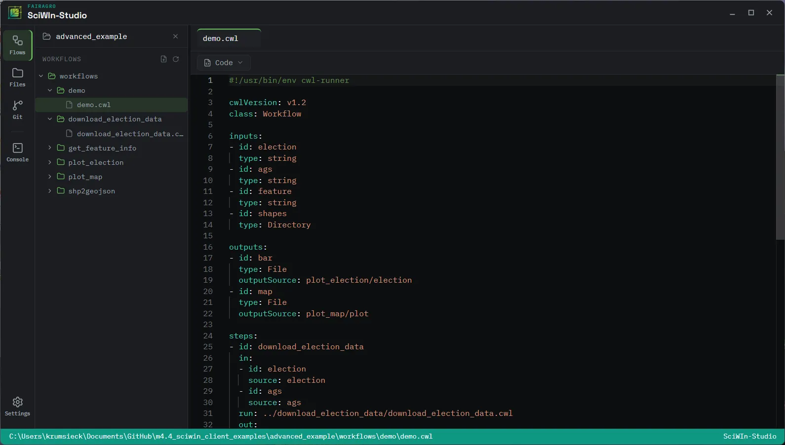 SciWIn-Studio's CWL-aware editor showing a workflow document