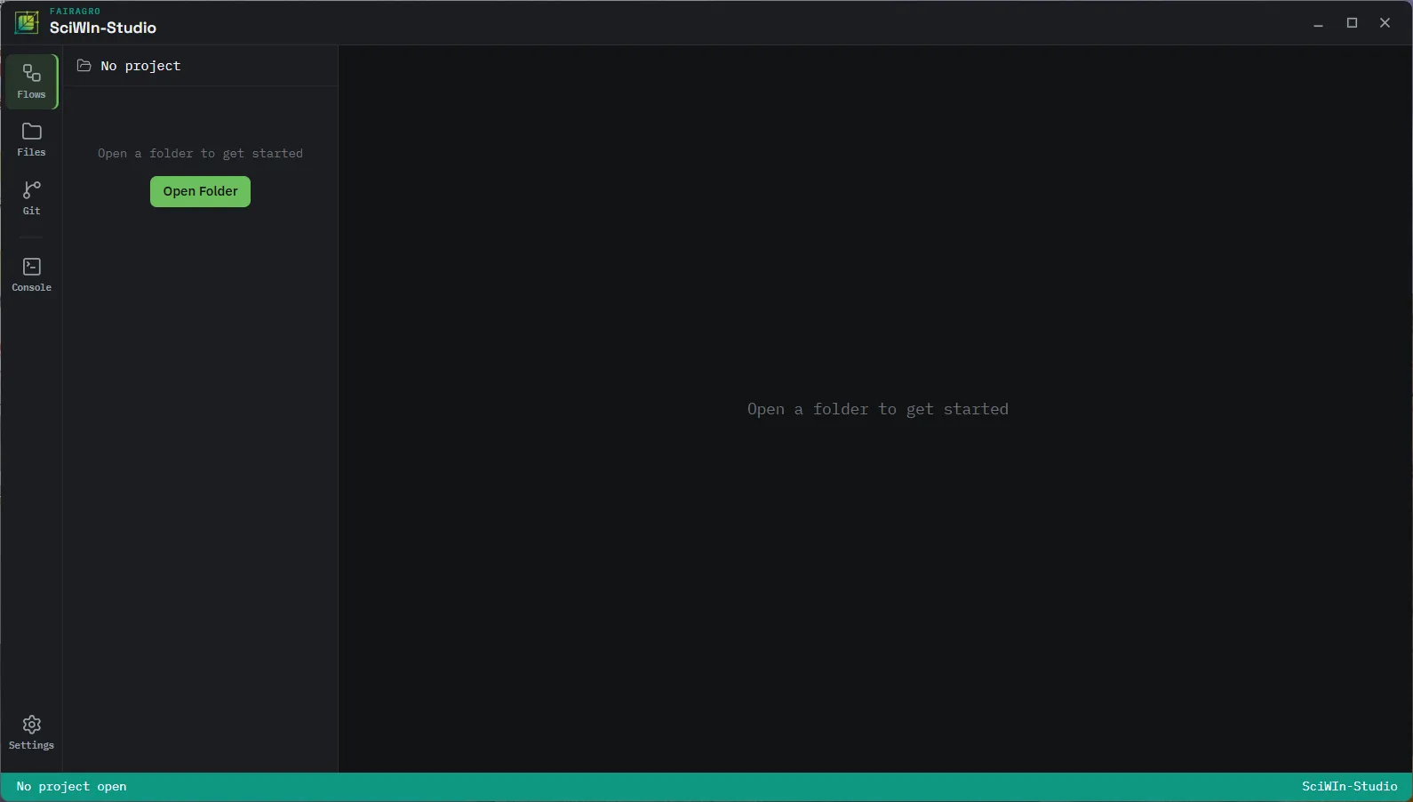 SciWIn-Studio with no project open, prompting to open a folder