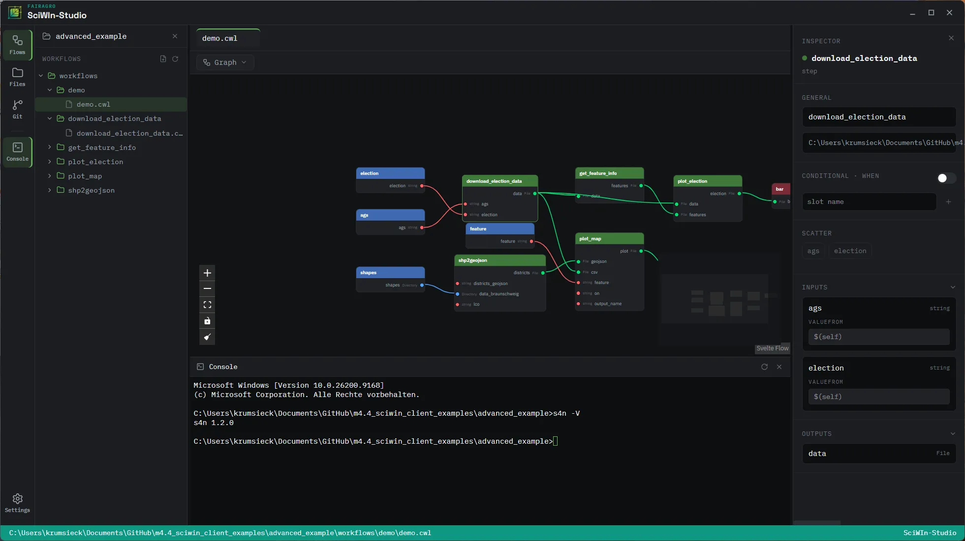 SciWIn-Studio's graph canvas with a step selected in the inspector panel